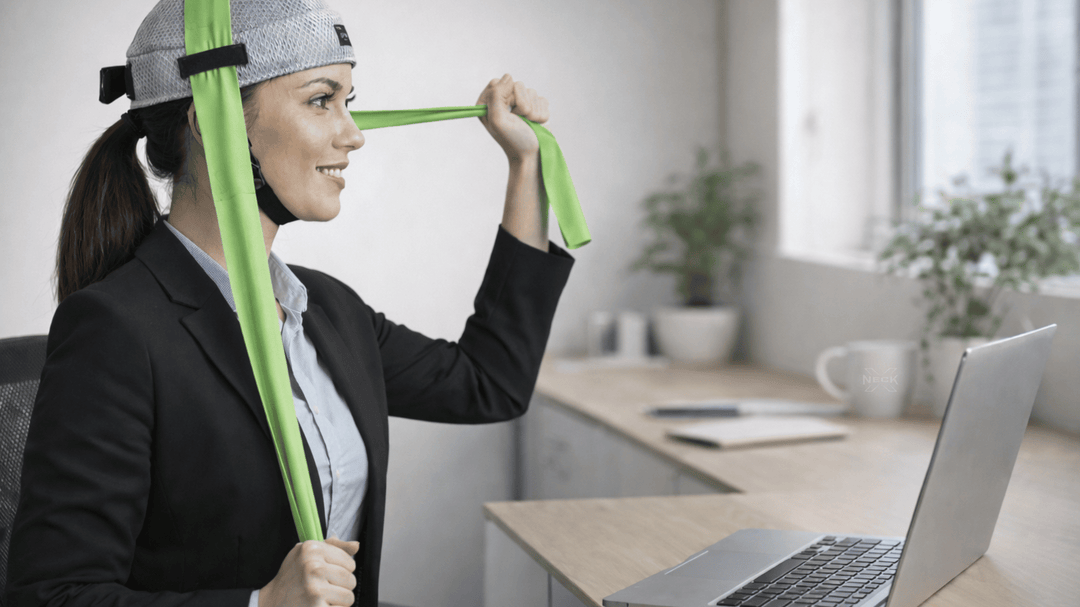 woman sitting at desk with computer in front of her using the NeckX to help with tech neck.