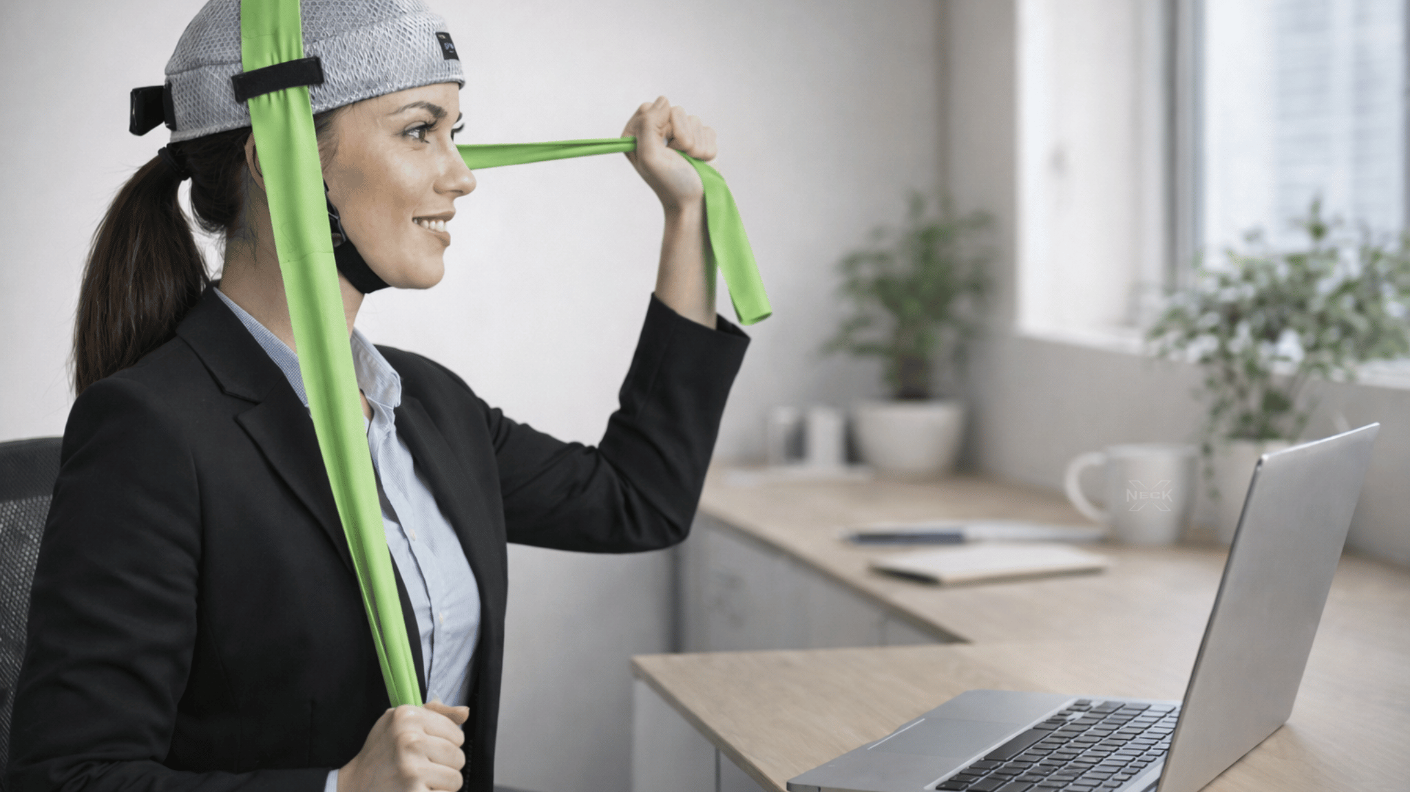 woman sitting at desk with computer in front of her using the NeckX to help with tech neck.