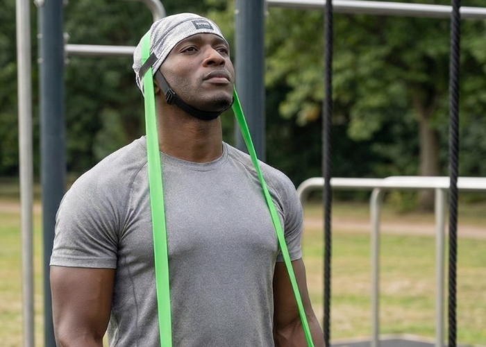 man wearing neckx neck strengthening device