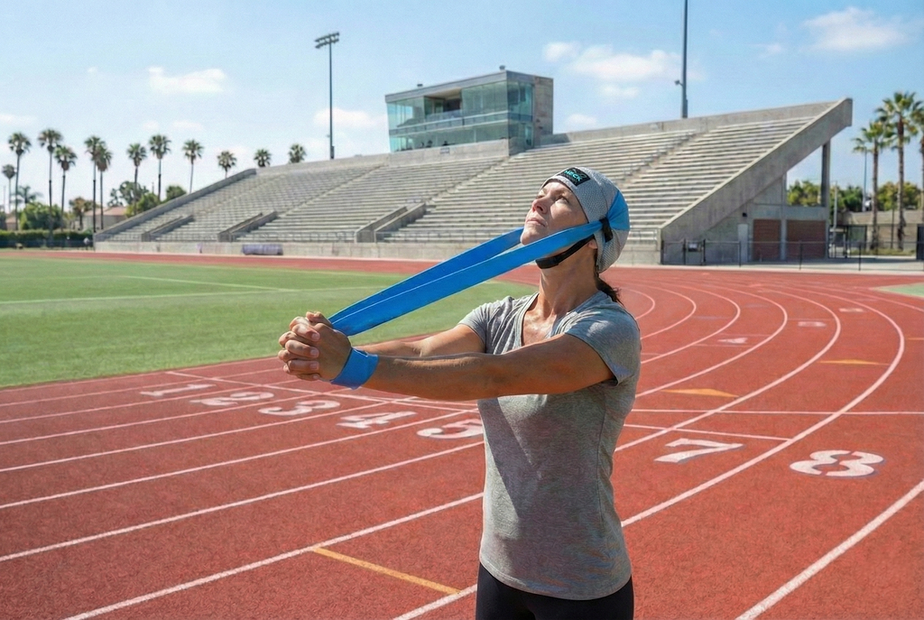 NECK X Female Athlete on Track Doing Stretches