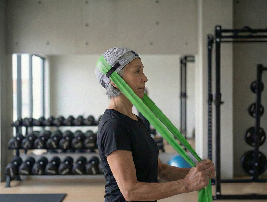 NECK X Older Woman at Gym Doing Exercises and Stretches