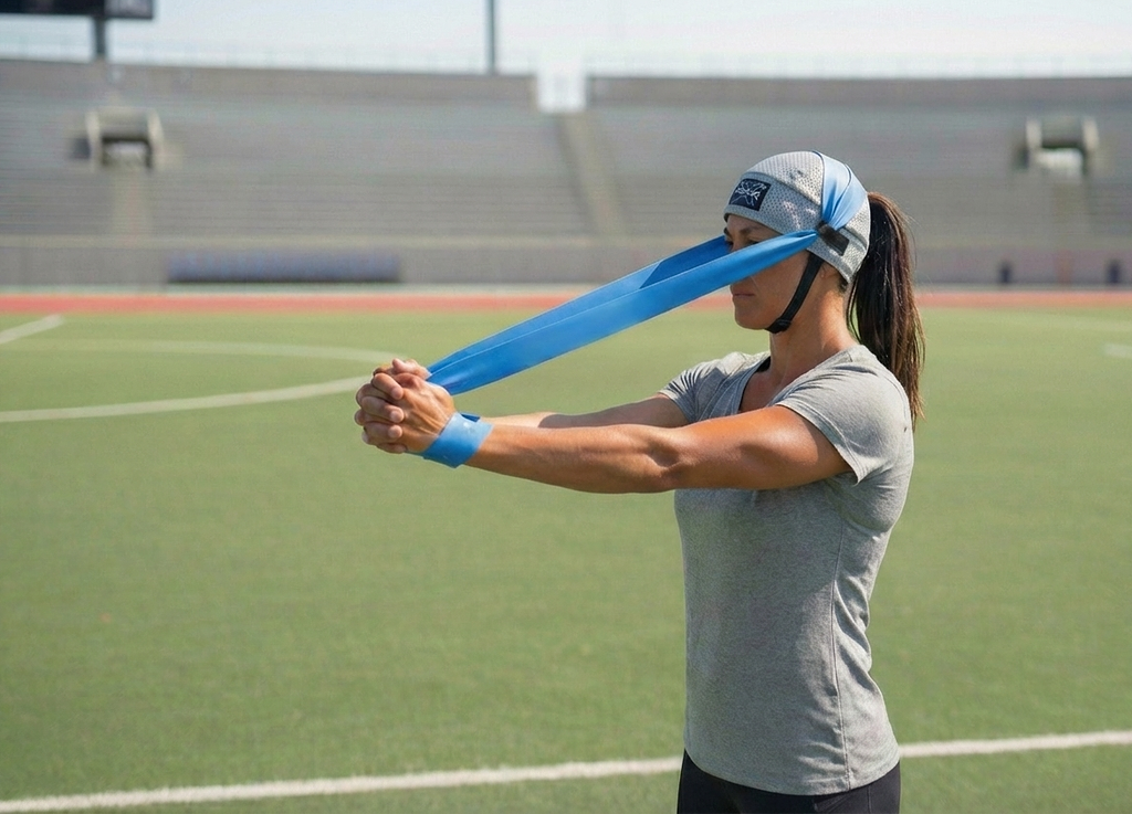 NECK X Female Athlete on Track Doing Stretching Exercises for Neck Strengthening